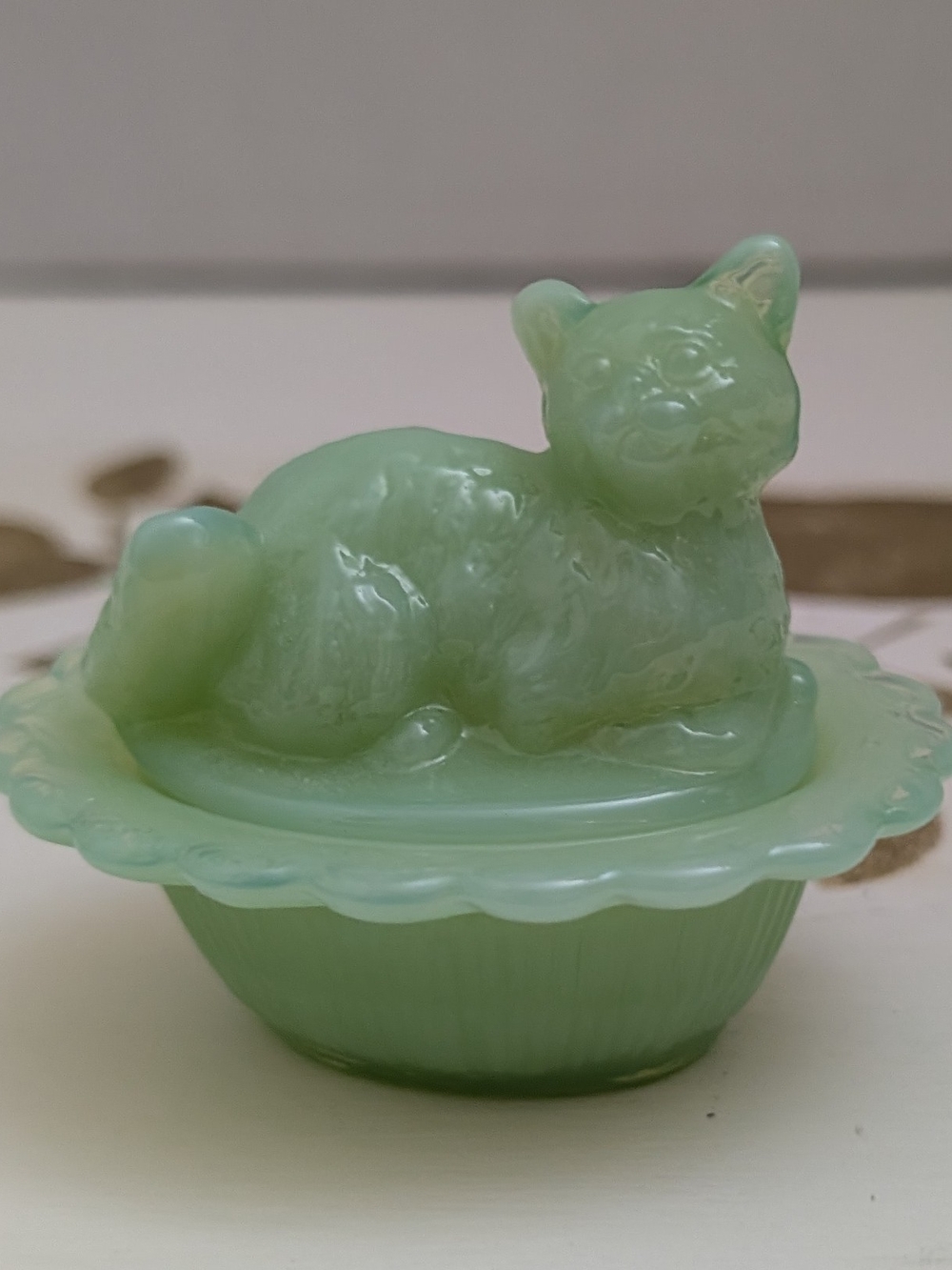 Glass Jadeite Mini Cat On Nest Made By Mosser